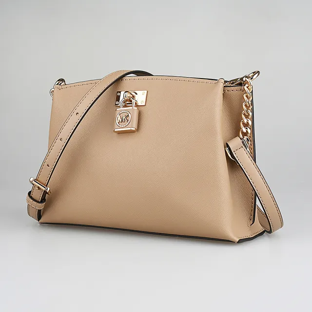 【Michael Kors】MICHAEL KORS Ruby 造型鎖頭十字紋防刮皮革拉鍊吸釦式斜背包(中/駱駝棕)