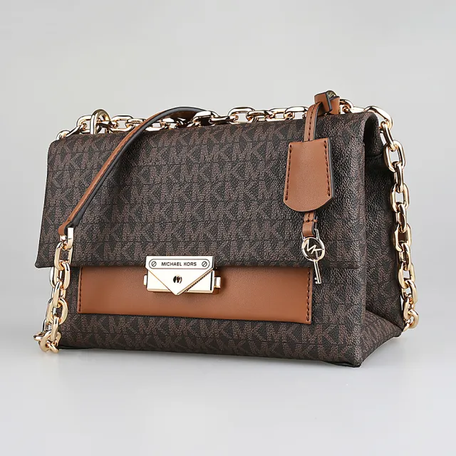 【Michael Kors】MICHAEL KORS CECE刻印LOGO印花塗層帆布扣式手提斜背包(中/深褐x橡子棕)