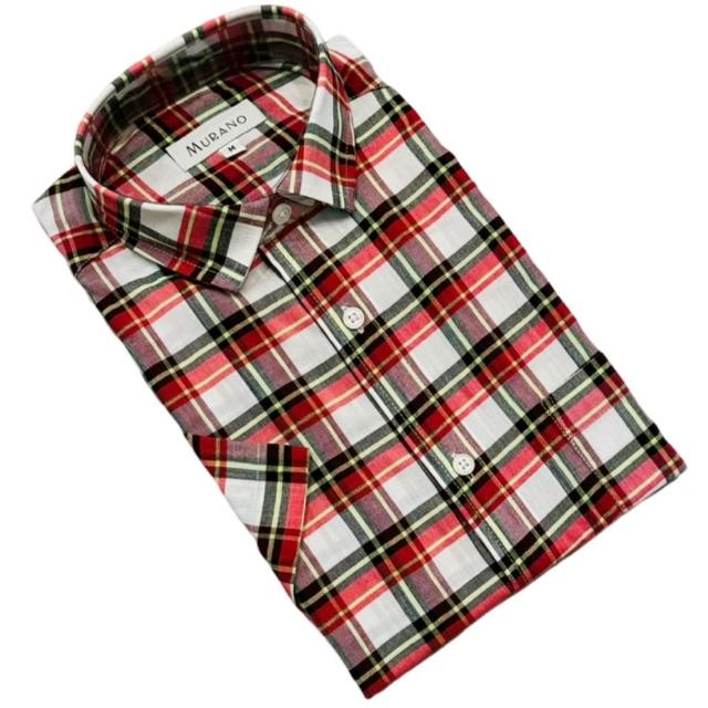 【MURANO】修身短袖襯衫-紅褐格條紋(M~2XL 台灣製、現貨、短袖、條紋、格紋)