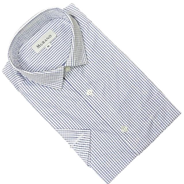 【MURANO】全棉時尚短袖襯衫-藍虛線白格(M~2XL 台灣製、現貨、短袖、條紋、格紋、全棉)