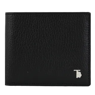 【TOD’S】TODS 金屬T 獅子LOGO小牛皮雙層4卡零錢短夾(黑)