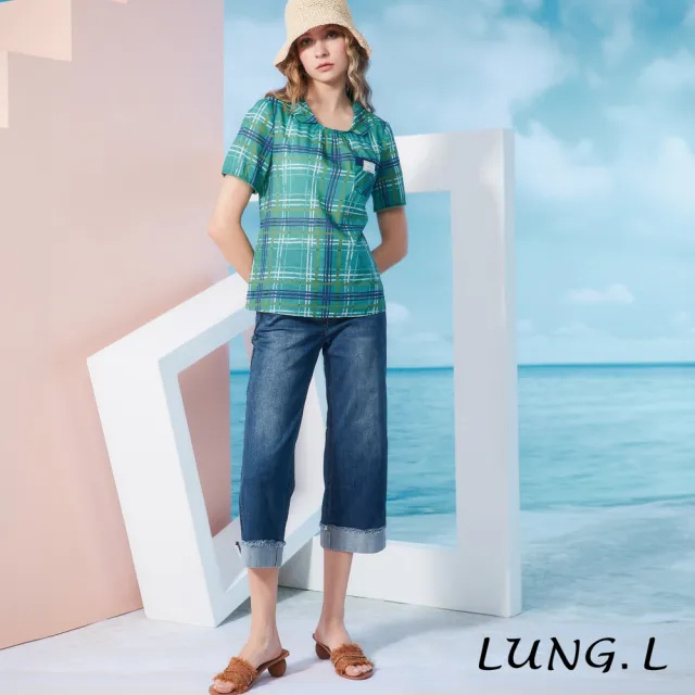 【LUNG.L 林佳樺】LR65E 藍色小直筒褲口翻褶女裝牛仔褲(春夏新品)