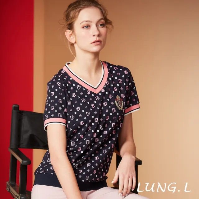 【LUNG.L 林佳樺】LS53A 藍色滿版B字母印花短袖棉質女裝上衣(春夏新品 加大尺碼)