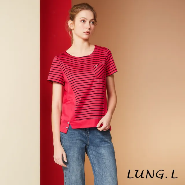 【LUNG.L 林佳樺】LS12A 桃紅色條紋脇邊拼接素面棉質短袖女裝T恤(春夏新品)