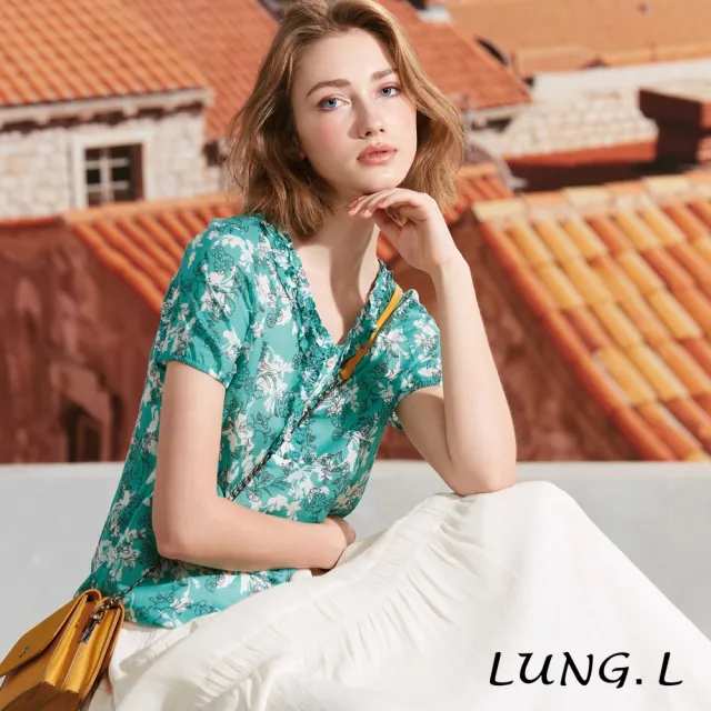 【LUNG.L 林佳樺】LS44A 湖綠色印花荷葉領短袖棉質女裝上衣(春夏新品)