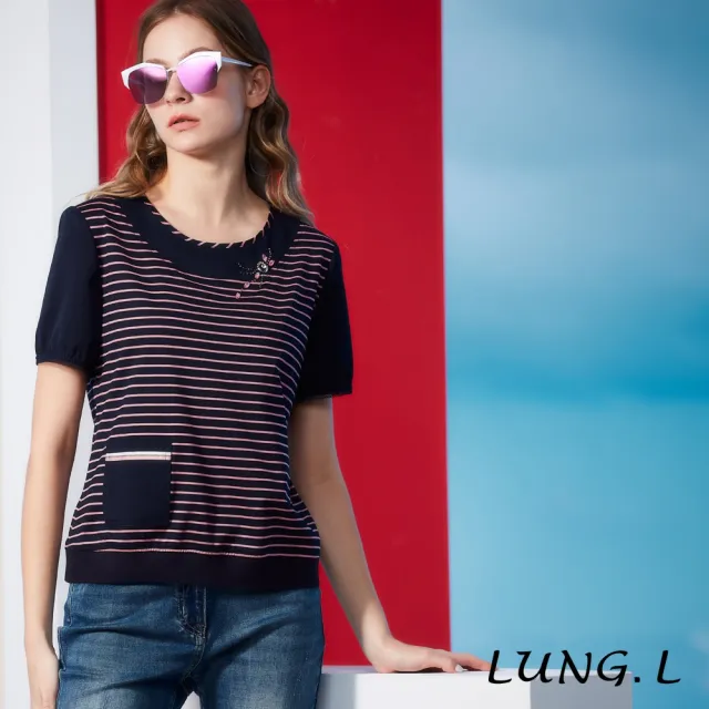 【LUNG.L 林佳樺】LS50A 藍色底搭配粉嫩條紋拼接素面短袖棉質女裝上衣(春夏新品)