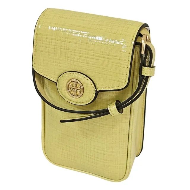 【TORY BURCH】TB金屬LOGO翻蓋皮革迷你款手機包斜背包(招財奶油黃色/贈原廠防塵袋紙袋)