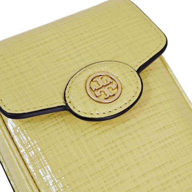 【TORY BURCH】TB金屬LOGO翻蓋皮革迷你款手機包斜背包(招財奶油黃色/贈原廠防塵袋紙袋)