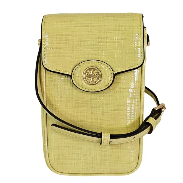 【TORY BURCH】TB金屬LOGO翻蓋皮革迷你款手機包斜背包(招財奶油黃色/贈原廠防塵袋紙袋)