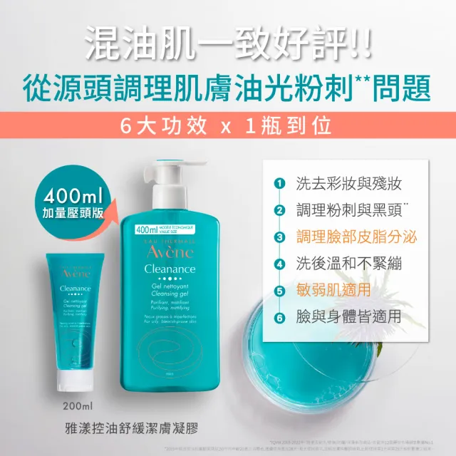 【Avene 雅漾】官方直營 控油舒緩潔膚凝膠400ml(抗痘洗面乳/沐浴)