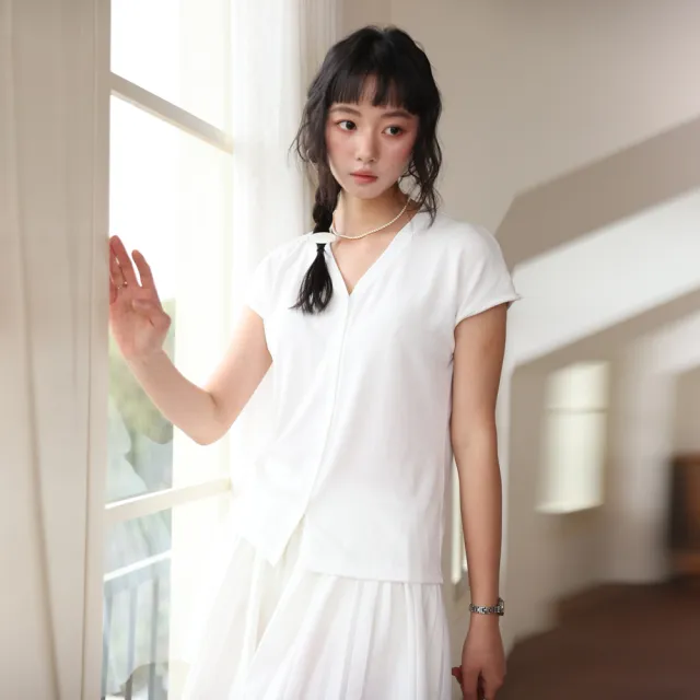 【BODYAIR】出清-V領鈕釦衫天絲亞麻短袖上衣(T恤.透氣.鬆軟.針織.外套.CASUAL)