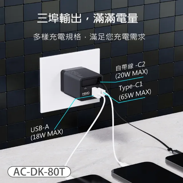【mini Q】AC-DK80T GaN 65W PD快充 快速充電器 自帶Type-C伸縮線 雙孔充電頭(Type-C+USB孔｜折疊插腳)