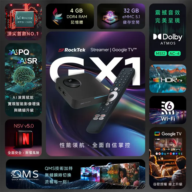 【Rocktek 雷爵】GX1 Google TV 4K智慧電視盒(Google/Netflix/Prime Video認證Google TV)