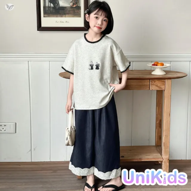 【UniKids】中大童裝短袖T恤 刺繡小貓上衣 女大童裝 VPSM2596(上衣)