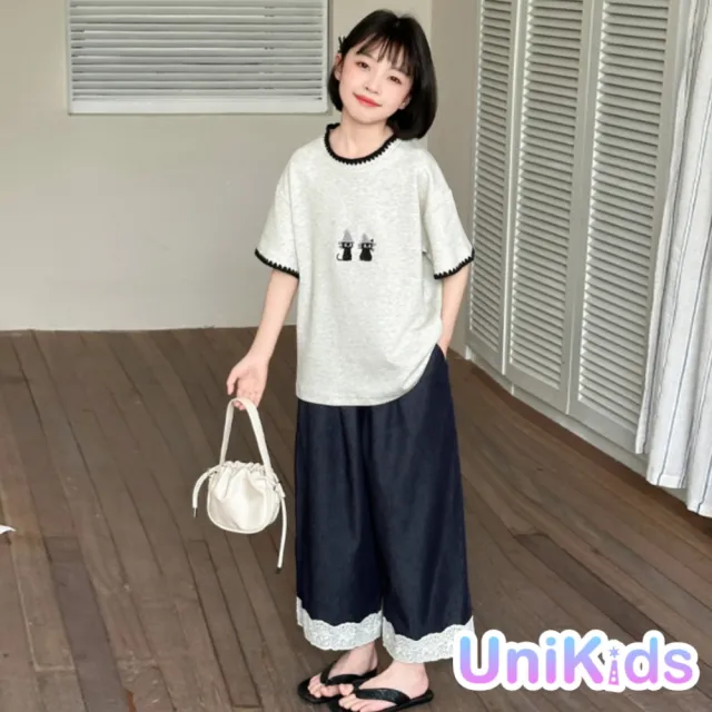 【UniKids】中大童裝短袖T恤 刺繡小貓上衣 女大童裝 VPSM2596(上衣)