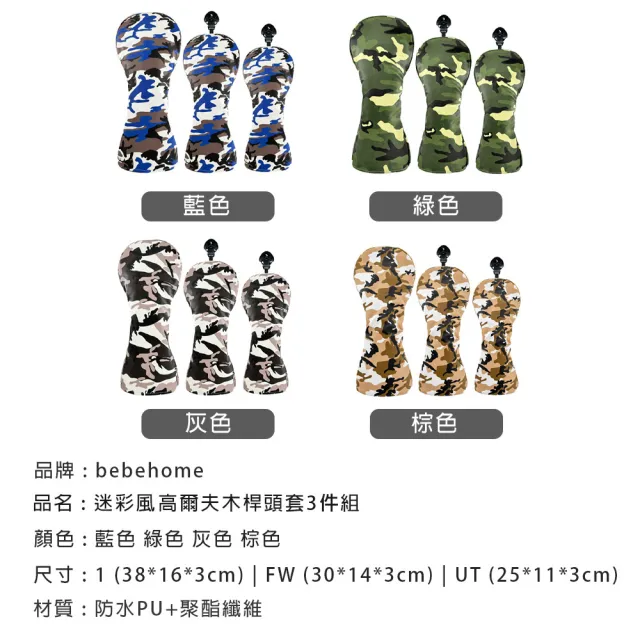 【bebehome】迷彩風高爾夫木桿保護套3件組(高爾夫球保護套 防水刺繡)