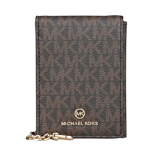 【Michael Kors】MICHAEL KORS JET SET CHARM 印花塗層帆布7卡釦式鏈帶卡夾包(深褐x橡子棕)