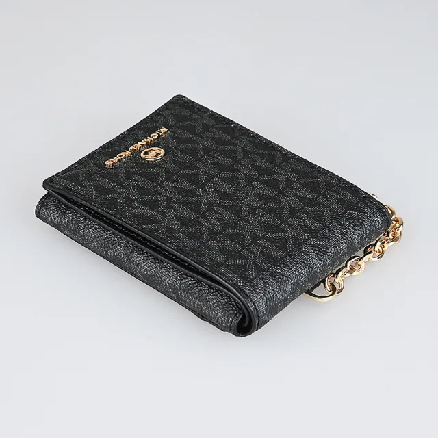 【Michael Kors】MICHAEL KORS JET SET CHARM 印花塗層帆布7卡釦式鏈帶卡夾包(炭灰x黑)