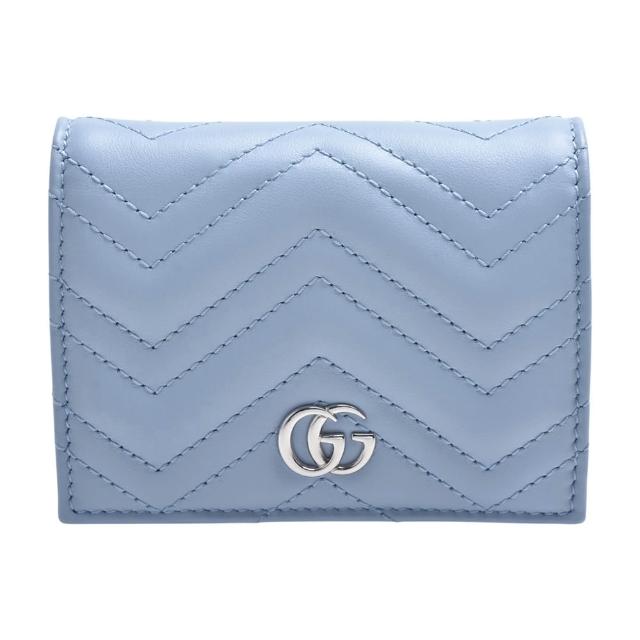【GUCCI 古馳】GG Marmont系列絎縫紋牛皮金屬銀色雙G LOGO暗釦卡夾/零錢包(淺藍色466492-AAFA2-4928)