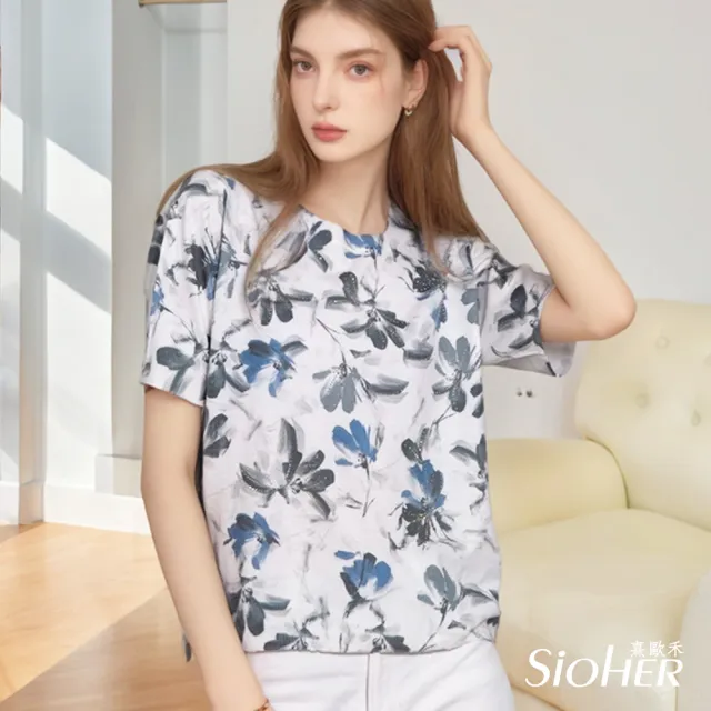 【SiOHER 熹歐禾】現貨 法式手繪印染鑽飾真絲衣三件組(女上衣/圓領/T恤)