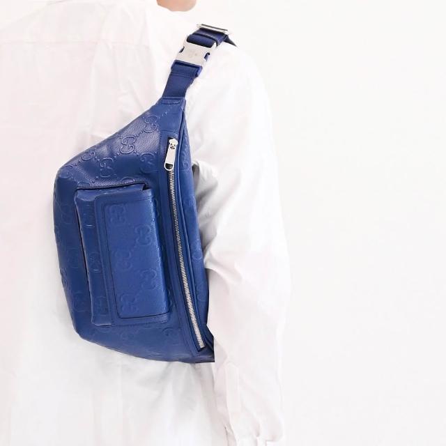 【GUCCI 古馳】新款經典雙G LOGO皮革壓花三用後背包胸口包腰包(藍)