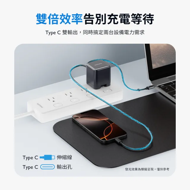 【Philips 飛利浦】DLP6346C 45W 氮化鎵TypeC 伸縮線電源供應器(含萬國轉接頭/多裝置相容)