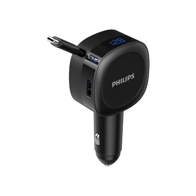 【Philips 飛利浦】DLP2360C 60W 高速快充LED數顯伸縮線2孔車載充電器(多重智慧安全保護)