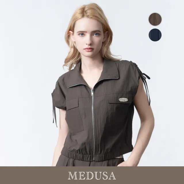 【MEDUSA 曼度莎】現貨-街頭抽皺拉鍊外套上衣 - 2色（M-XL）｜女外套上衣 短袖上衣 休閒上衣(605-5410A)