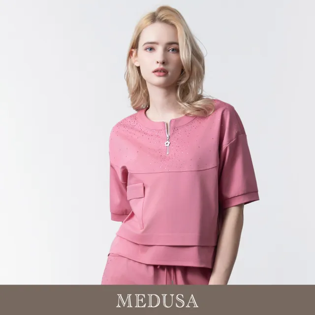 【MEDUSA 曼度莎】現貨-粉紅閃鑽拉鍊運動風短袖上衣（M-XL）｜女運動上衣 女休閒上衣 女T恤(605-5470A)