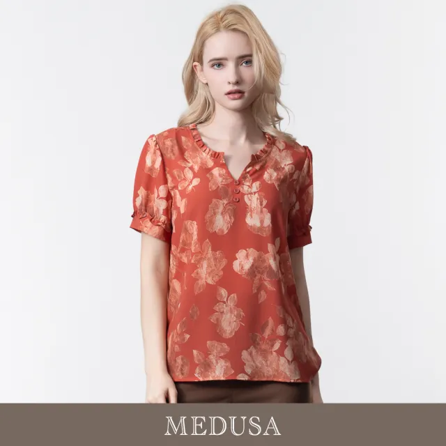 【MEDUSA 曼度莎】現貨-橘紅花卉小荷葉領雪紡上衣（M-2L）｜女長版上衣 女休閒上衣 雪紡上衣(601-37501)