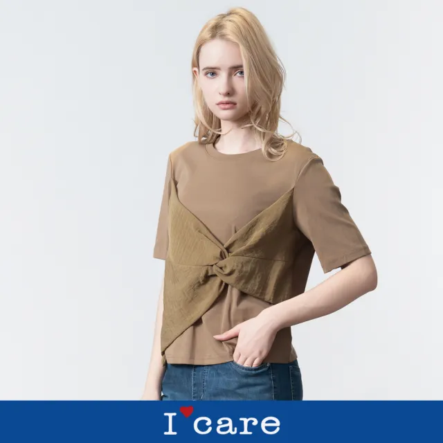 【I’Care 依卡】現貨-造型打結假兩件層次T恤 - 2色（F）｜女短袖T恤 假兩件上衣 女休閒上衣(607-12101)