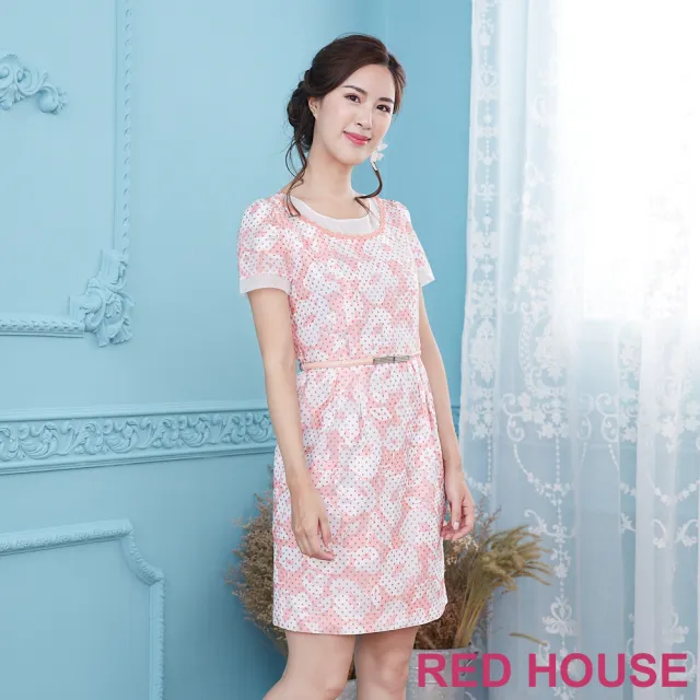 【RED HOUSE 蕾赫斯】透膚剪接花朵點點洋裝-不含腰帶(粉橘色)