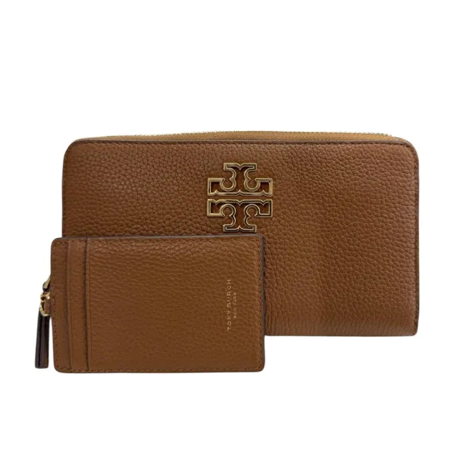 【TORY BURCH】Britten荔枝皮拉鍊長夾-附可拆卡夾(焦糖/棕)