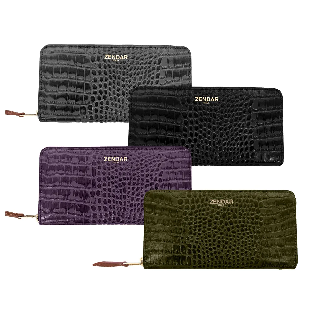 【ZENDAR】直播限定 限量1折 頂級小牛皮鱷魚紋拉鍊長夾 霏比系列 全新專櫃展示品(4色選 送禮盒提袋)
