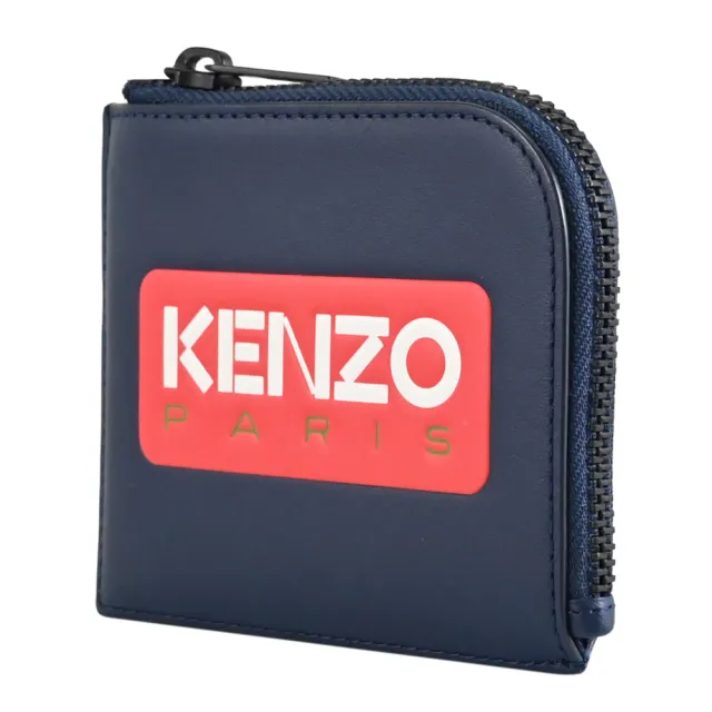 【KENZO】品牌壓印LOGO皮革L型拉鍊鈔票零錢包(深藍)