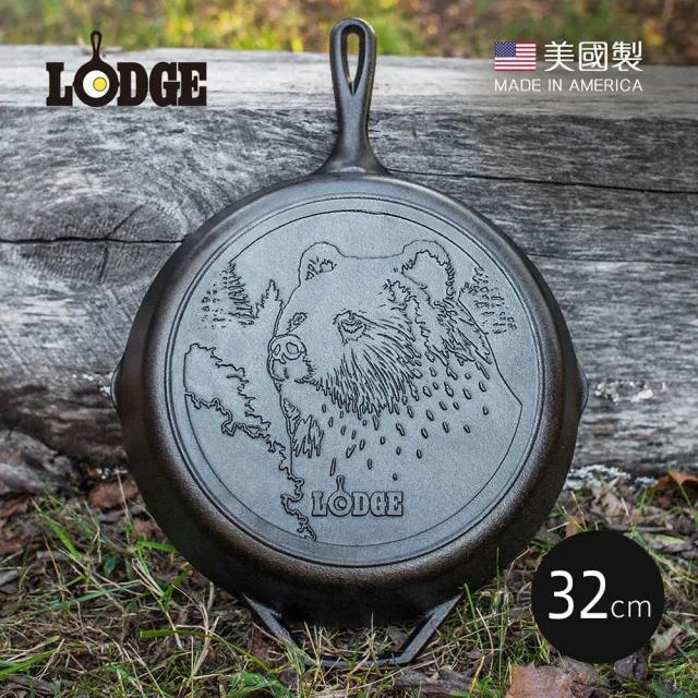【LODGE】野生動物系列 美國製鑄鐵露營煎鍋-棕熊-32cm (Wanderlust/鑄鐵煎盤/鑄鐵煎鍋/L10SKWLBR)