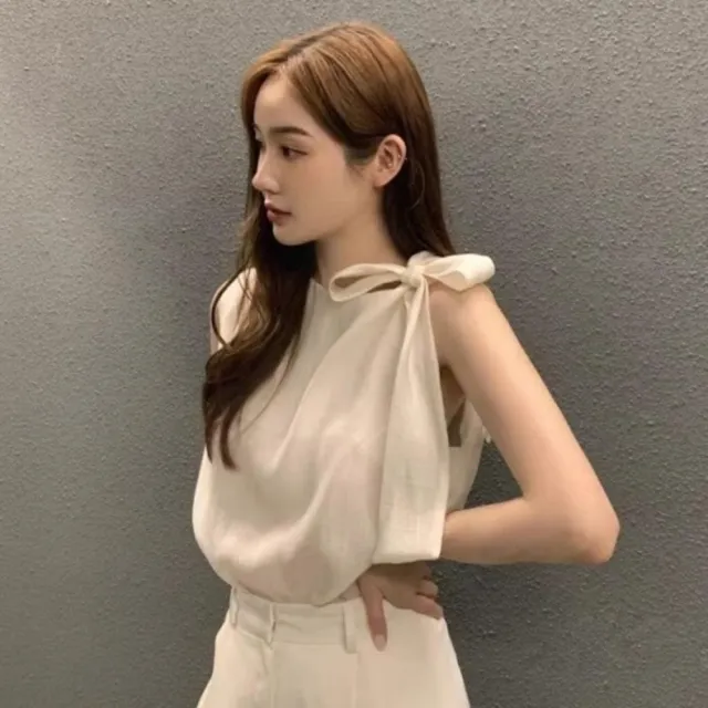 【baibeauty 白鳥麗子】氣質素面拼接蝴蝶結綁帶圓領無袖上衣(雪紡衫)