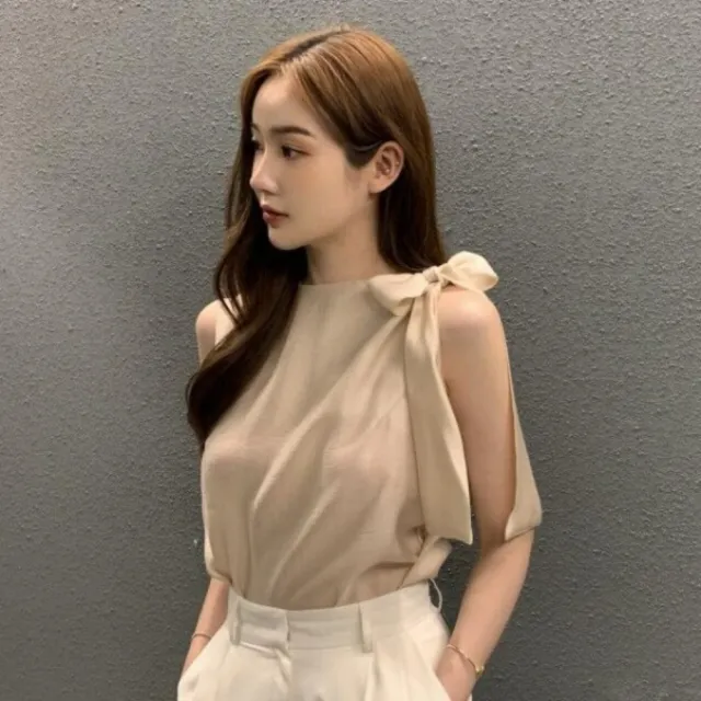 【baibeauty 白鳥麗子】氣質素面拼接蝴蝶結綁帶圓領無袖上衣(雪紡衫)