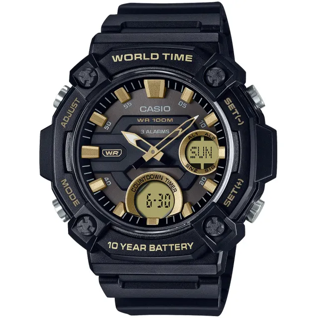 【CASIO 卡西歐】交換禮物  10年電力 冒險精神 計時雙顯錶-黑x金 開學禮 送禮 推薦(AEQ-120W-9AV)