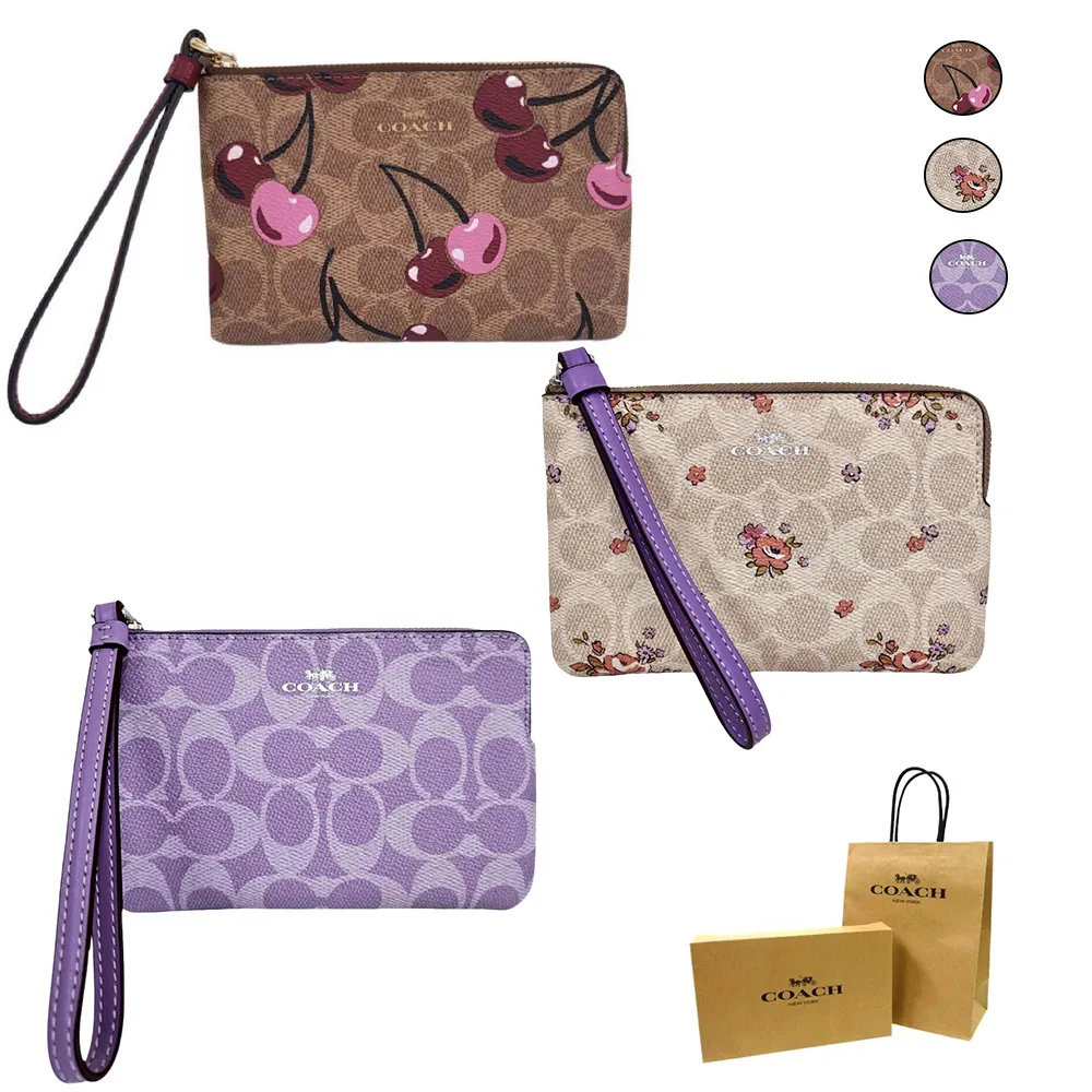 COACH】新款限量經典PVC皮革拉鍊萬用手拿包/零錢包多款可選(咖啡櫻桃