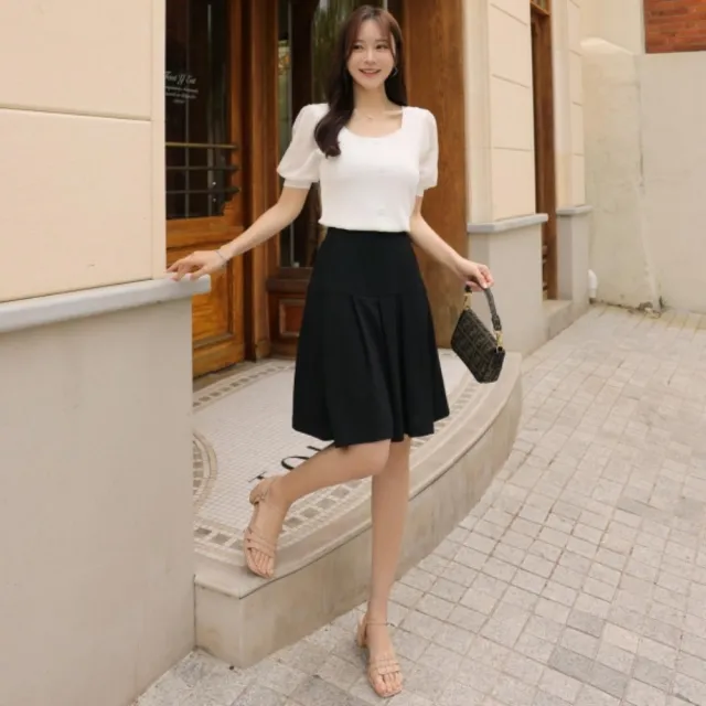 【baibeauty 白鳥麗子】知性百搭素色拼接百褶寬帶五分褲裙(韓國製)
