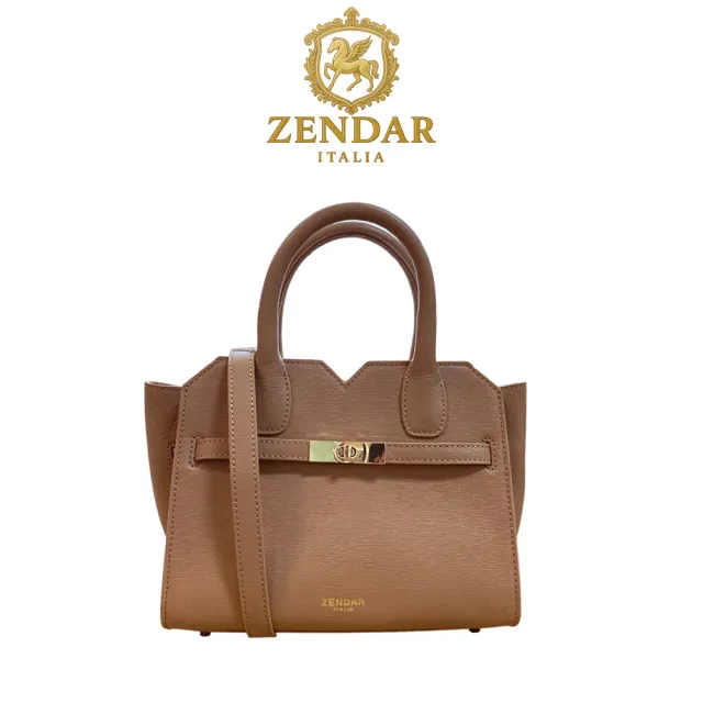 【ZENDAR】限量1折 頂級小牛皮十字紋手提包肩背包 娜塔莉系列 全新專櫃展示品(琥珀色 22號)