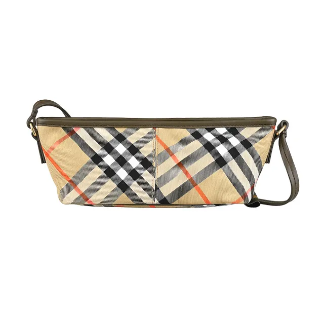 【BURBERRY 巴寶莉】BURBERRY 內燙印LOGO斜格紋棉織布搭小羊皮拉鍊肩背包(淺褐)