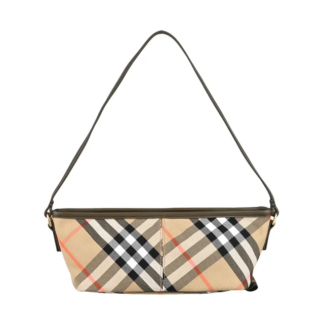 【BURBERRY 巴寶莉】BURBERRY 內燙印LOGO斜格紋棉織布搭小羊皮拉鍊肩背包(淺褐)