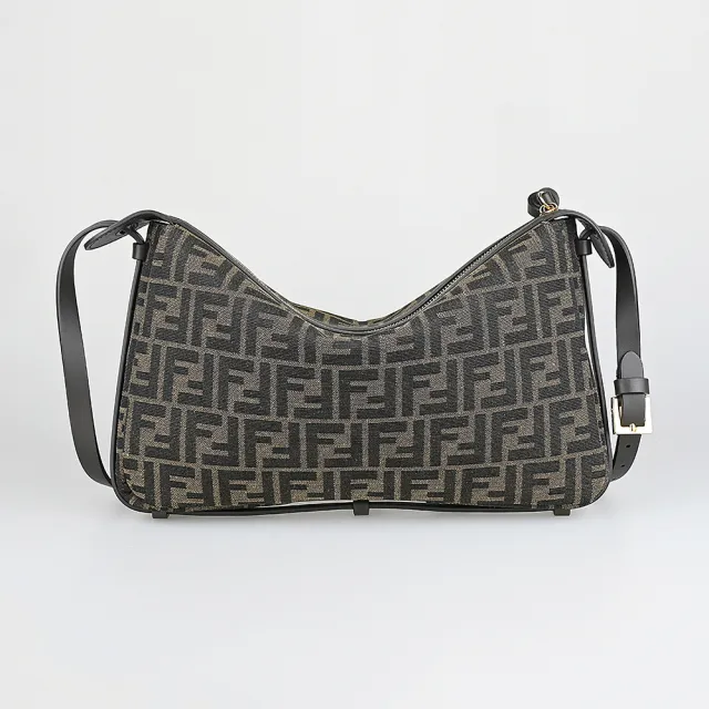 【FENDI 芬迪】FENDI Simply 立體LOGO滿版FF緹花布滾邊小牛皮拉鍊斜背包(中/褐x棕)