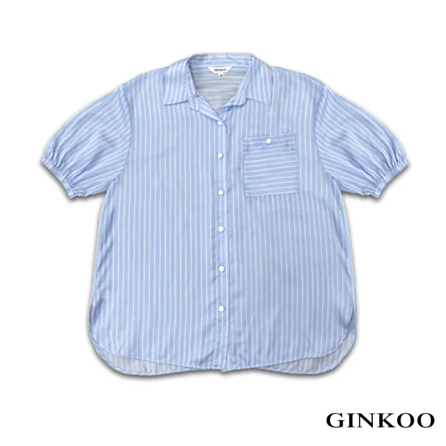 【GINKOO 俊克】袖口鬆緊條紋短袖襯衫