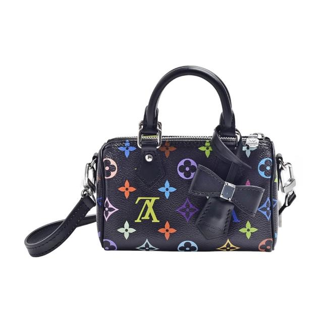 LV LOUIS VUITTON路易威登 M13406 村上隆聯名 Nano Speedy 系列 Monogram 帆布牛皮飾邊手提/斜背包