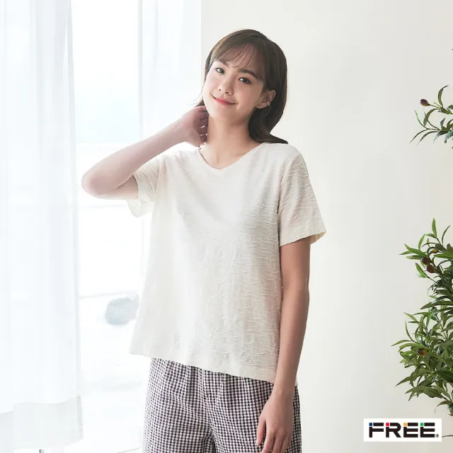 【FREE】純棉條紋立體緹花雙層細捲V領上衣(3色)