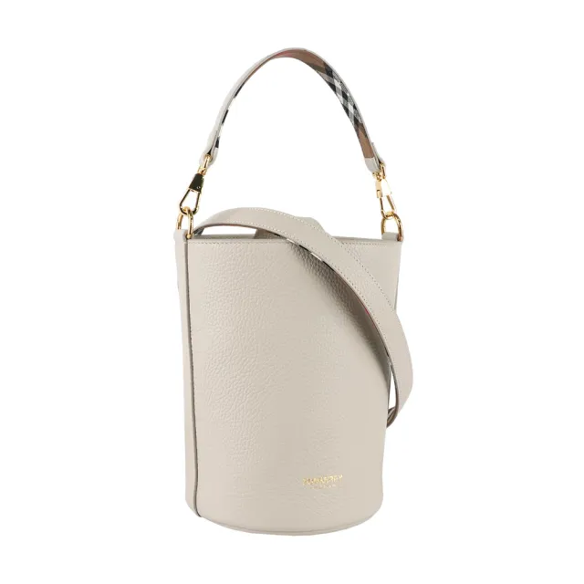 【BURBERRY 巴寶莉】金色Logo 素面粒紋牛皮小款水桶包(石灰白)