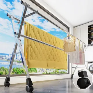 【小不記】至尊升級帶輪款/X型移動式伸縮晾衣架/加厚全不鏽鋼/(曬衣架 晾衣架 曬衣桿 伸縮晾衣架 掛衣架)